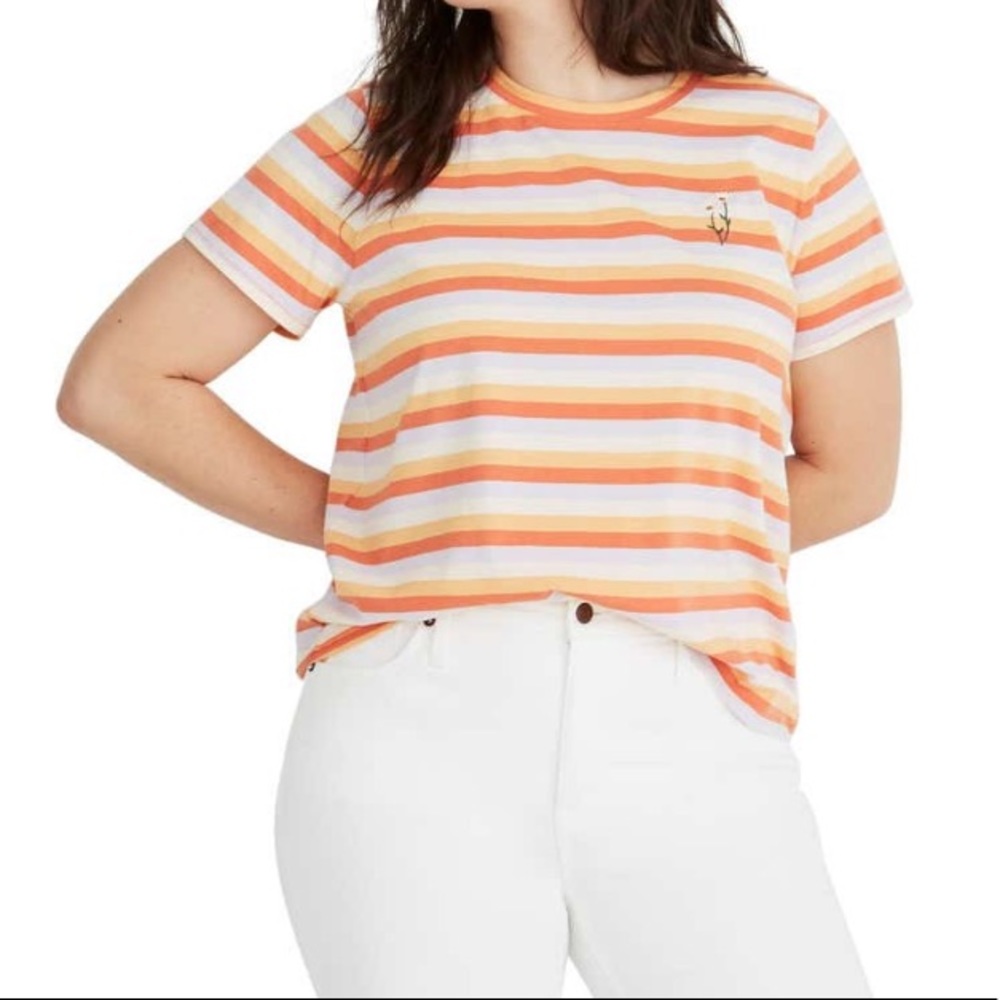 Madewell Daisy Embroidered Peach Stripe Tee Top 2X